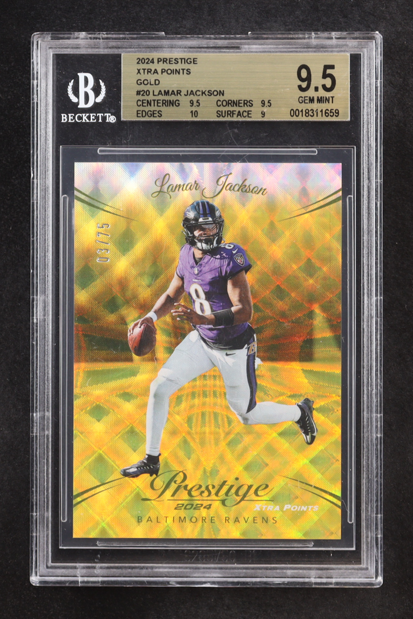 Lamar Jackson 2024 Panini Prestige Xtra Points Gold #20 #03/75 (BGS 9.5) at PristineAuction.com Lamar Jackson 2024 Panini Prestige Xtra Points Gold #20 #03/75 (BGS 9.5) at PristineAuction.com