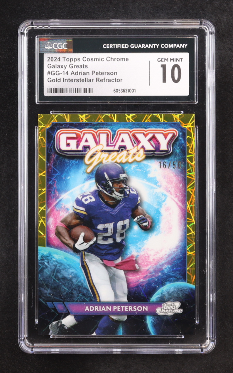 Adrian Peterson 2024 Topps Cosmic Chrome Galaxy Greats Gold Interstellar Refractor #GG-14 (CGC 10) at PristineAuction.com Adrian Peterson 2024 Topps Cosmic Chrome Galaxy Greats Gold Interstellar Refractor #GG-14 (CGC 10) at PristineAuction.com