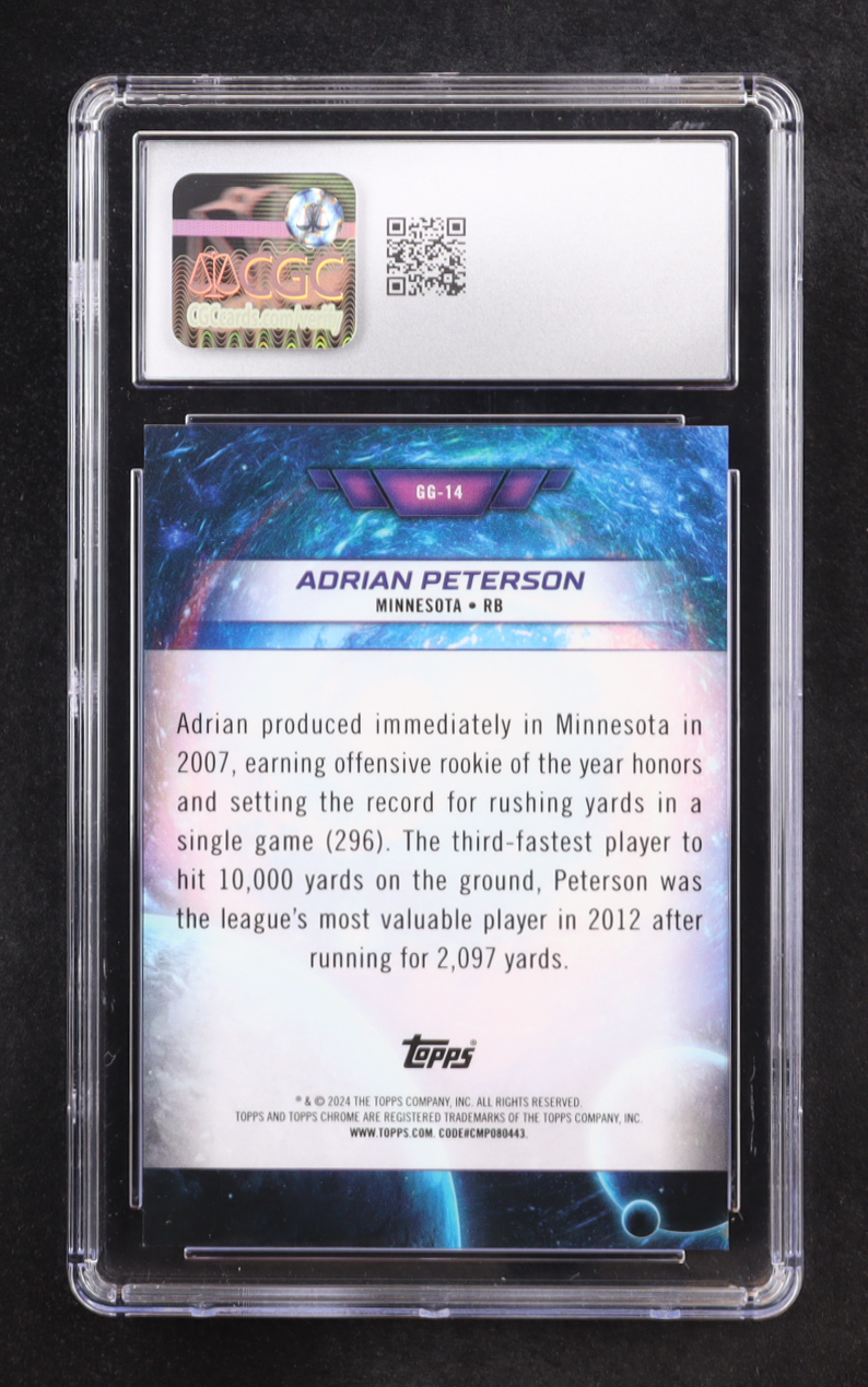 Adrian Peterson 2024 Topps Cosmic Chrome Galaxy Greats Gold Interstellar Refractor #GG-14 (CGC 10) at PristineAuction.com Adrian Peterson 2024 Topps Cosmic Chrome Galaxy Greats Gold Interstellar Refractor #GG-14 (CGC 10) at PristineAuction.com