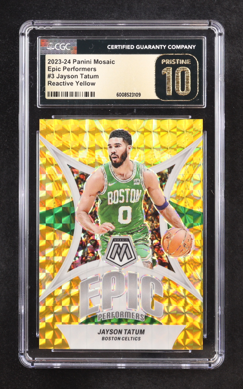 Jayson Tatum 2023-24 Panini Mosaic Epic Performers Reactive Yellow #3 #16/99 (CGC 10 | Black Pristine Label) at PristineAuction.com Jayson Tatum 2023-24 Panini Mosaic Epic Performers Reactive Yellow #3 #16/99 (CGC 10 | Black Pristine Label) at PristineAuction.com