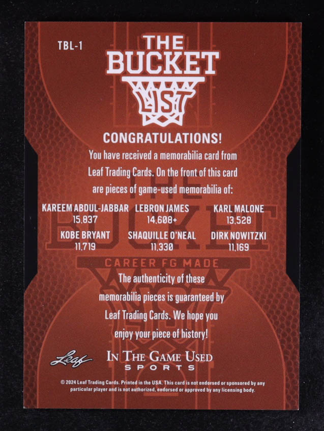 2024 Leaf In The Game The Bucket List #TBL-1 #10/35 Kareem Abdul-Jabbar / Lebron James / Karl Malone / Kobe Bryant / Shaquille O'Neal / Dirk Nowitzki at PristineAuction.com 2024 Leaf In The Game The Bucket List #TBL-1 #10/35 Kareem Abdul-Jabbar / Lebron James / Karl Malone / Kobe Bryant / Shaquille O'Neal / Dirk Nowitzki at PristineAuction.com