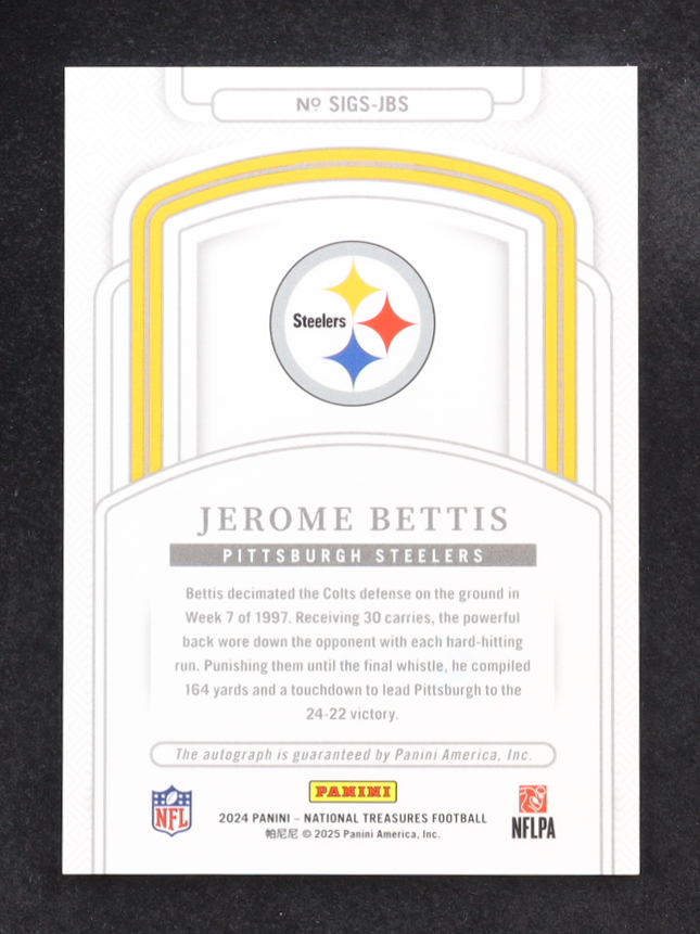 Jerome Bettis 2024 Panini National Treasures Auto #SIGS-JBS #27/49 at PristineAuction.com Jerome Bettis 2024 Panini National Treasures Auto #SIGS-JBS #27/49 at PristineAuction.com