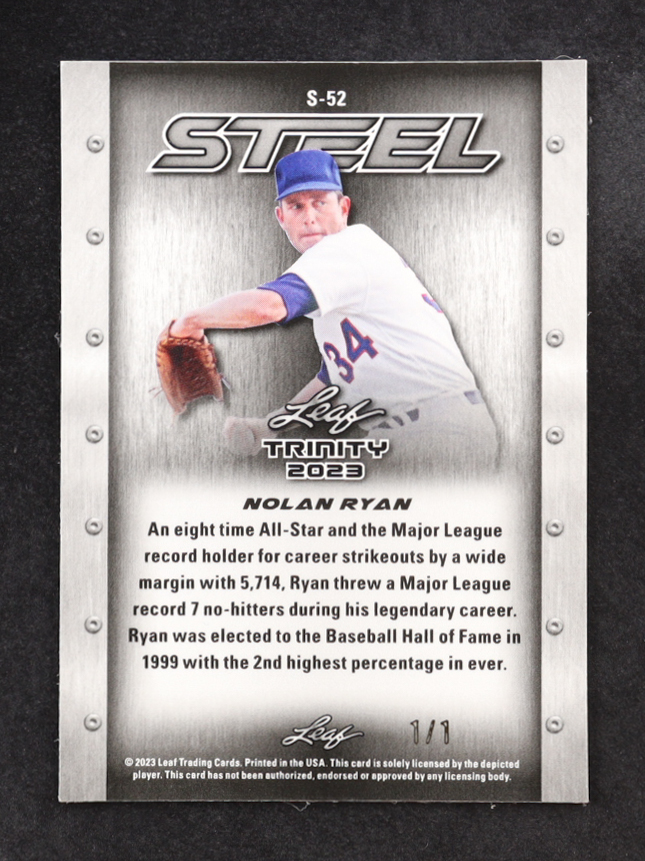 Nolan Ryan 2023 Leaf Trinity Mega Box Steel Stars and Dots Gold #S-52 #1/1 at PristineAuction.com Nolan Ryan 2023 Leaf Trinity Mega Box Steel Stars and Dots Gold #S-52 #1/1 at PristineAuction.com