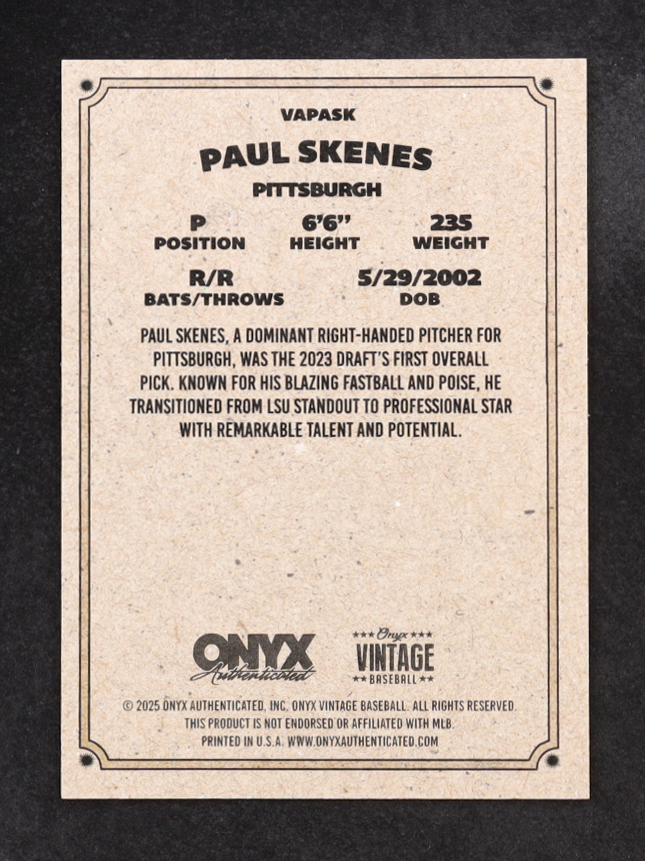 Paul Skenes 2025 Onyx Vintage Baseball Auto #VAPASK at PristineAuction.com Paul Skenes 2025 Onyx Vintage Baseball Auto #VAPASK at PristineAuction.com