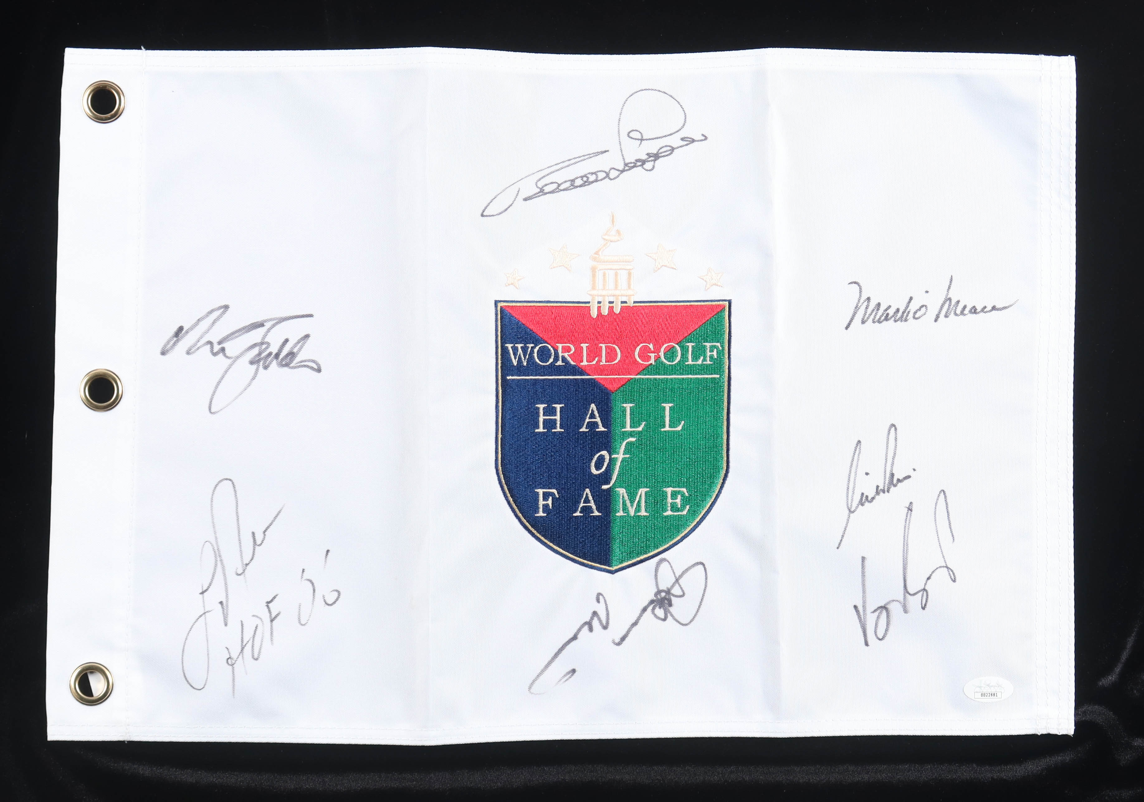 World Golf Hall Of Fame Pin Flag Signed By (7) With Nick Faldo, Vijay Singh, Mark O'Meara Inscribed "HOF 06" (JSA) at PristineAuction.com World Golf Hall Of Fame Pin Flag Signed By (7) With Nick Faldo, Vijay Singh, Mark O'Meara Inscribed "HOF 06" (JSA) at PristineAuction.com