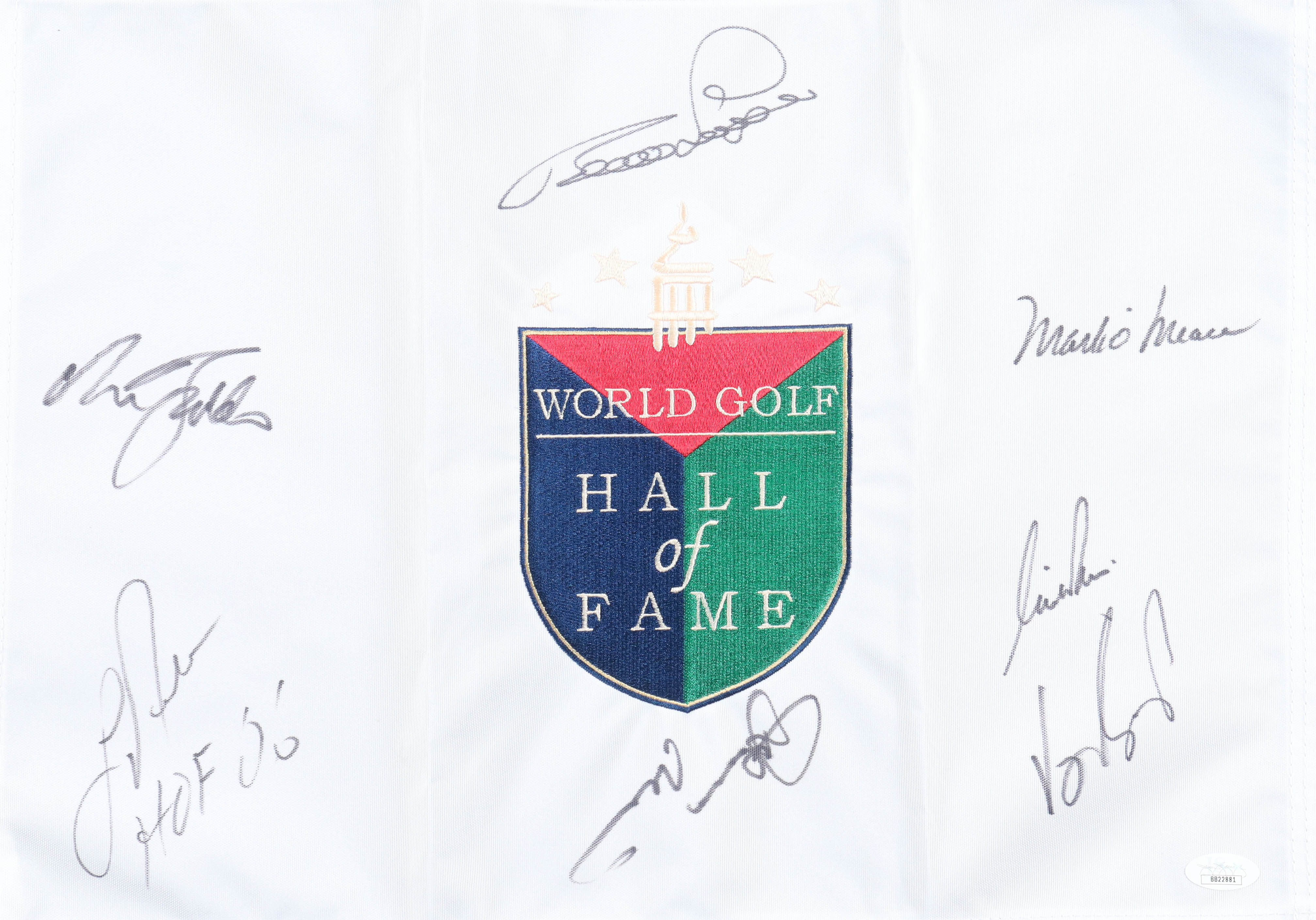 World Golf Hall Of Fame Pin Flag Signed By (7) With Nick Faldo, Vijay Singh, Mark O'Meara Inscribed "HOF 06" (JSA) at PristineAuction.com World Golf Hall Of Fame Pin Flag Signed By (7) With Nick Faldo, Vijay Singh, Mark O'Meara Inscribed "HOF 06" (JSA) at PristineAuction.com