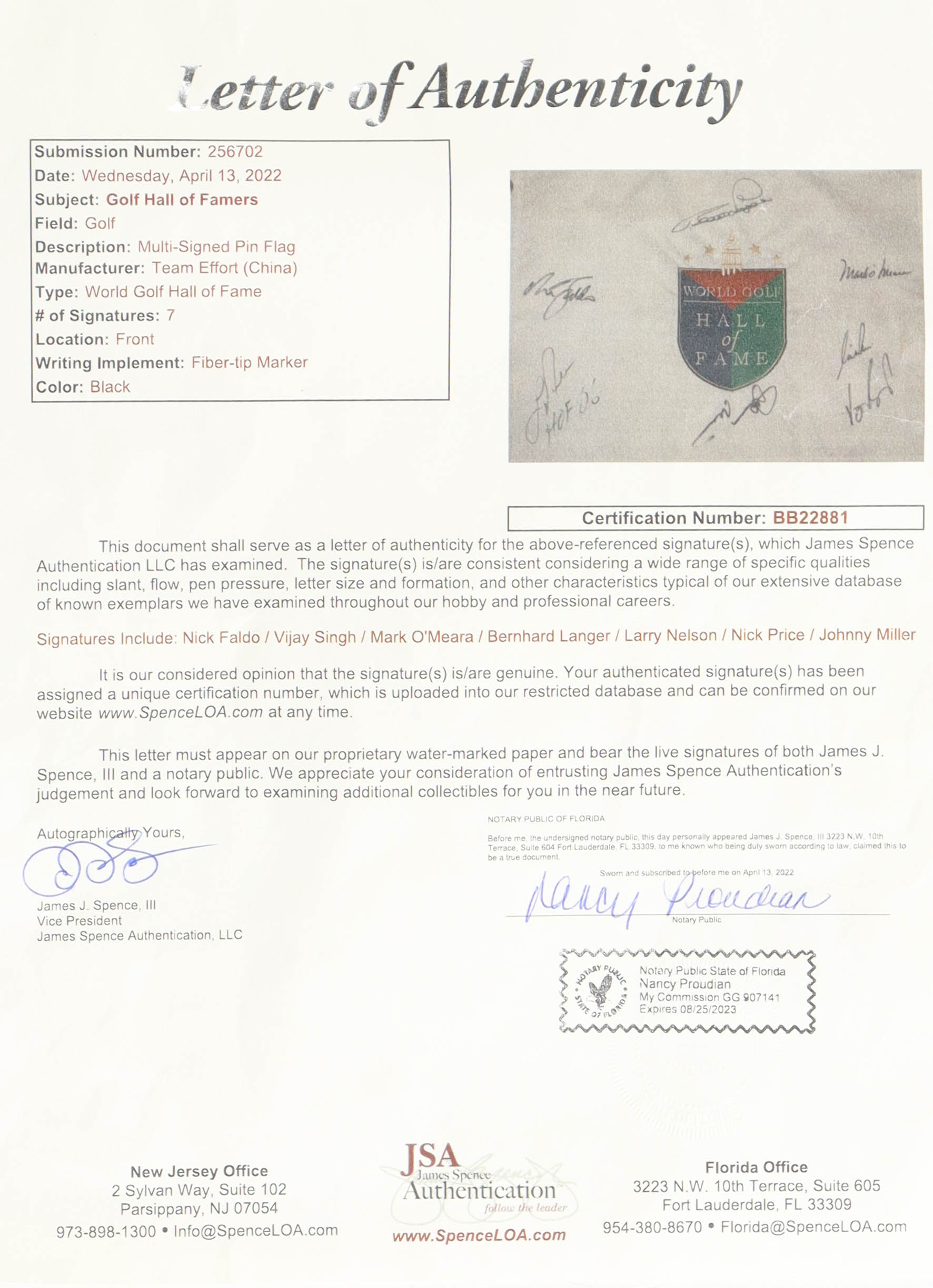 World Golf Hall Of Fame Pin Flag Signed By (7) With Nick Faldo, Vijay Singh, Mark O'Meara Inscribed "HOF 06" (JSA) at PristineAuction.com World Golf Hall Of Fame Pin Flag Signed By (7) With Nick Faldo, Vijay Singh, Mark O'Meara Inscribed "HOF 06" (JSA) at PristineAuction.com