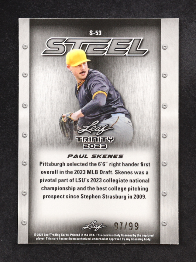 Paul Skenes 2023 Leaf Trinity Steel Mega Box Stars and Dots Blue #S-53 RC #97/99 at PristineAuction.com Paul Skenes 2023 Leaf Trinity Steel Mega Box Stars and Dots Blue #S-53 RC #97/99 at PristineAuction.com