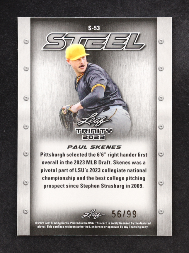 Paul Skenes 2023 Leaf Trinity Steel Mega Box Lava Blue #S-53 RC #56/99 at PristineAuction.com Paul Skenes 2023 Leaf Trinity Steel Mega Box Lava Blue #S-53 RC #56/99 at PristineAuction.com