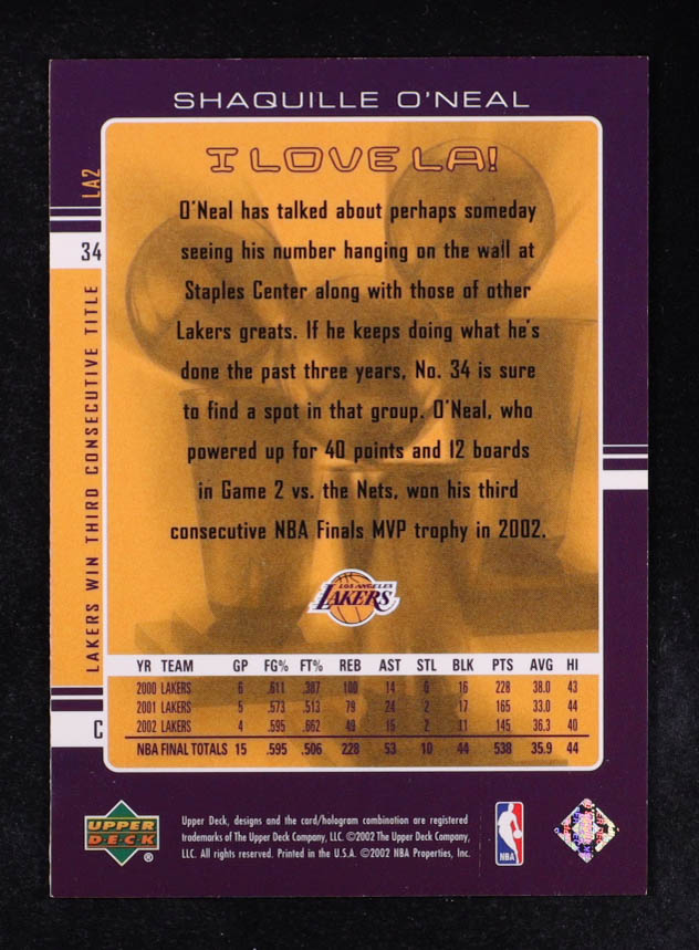 Shaquille O'Neal 2002-03 Upper Deck I Love L.A. #LA2 at PristineAuction.com Shaquille O'Neal 2002-03 Upper Deck I Love L.A. #LA2 at PristineAuction.com
