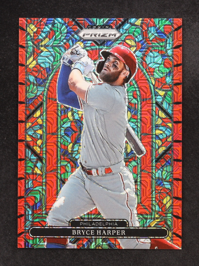 Bryce Harper 2022 Panini Prizm Stained Glass Red Mojo #SG-4 #093/149 at PristineAuction.com Bryce Harper 2022 Panini Prizm Stained Glass Red Mojo #SG-4 #093/149 at PristineAuction.com