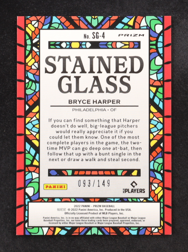 Bryce Harper 2022 Panini Prizm Stained Glass Red Mojo #SG-4 #093/149 at PristineAuction.com Bryce Harper 2022 Panini Prizm Stained Glass Red Mojo #SG-4 #093/149 at PristineAuction.com