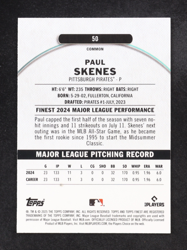 Paul Skenes 2025 Topps Finest Purple Checkerboard Refractor #50 #100/150 at PristineAuction.com Paul Skenes 2025 Topps Finest Purple Checkerboard Refractor #50 #100/150 at PristineAuction.com