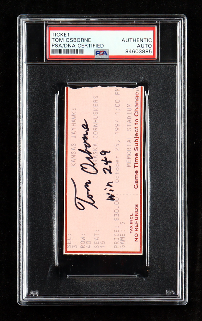 Tom Osborne Signed 1997 Nebraska Cornhuskers Game Ticket Inscribed "Win 249" (PSA) at PristineAuction.com Tom Osborne Signed 1997 Nebraska Cornhuskers Game Ticket Inscribed "Win 249" (PSA) at PristineAuction.com