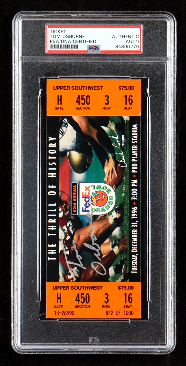 Tom Osborne Signed 1996 63rd Annual FedEx Orange Bowl Game Ticket (PSA) at PristineAuction.com Tom Osborne Signed 1996 63rd Annual FedEx Orange Bowl Game Ticket (PSA) at PristineAuction.com