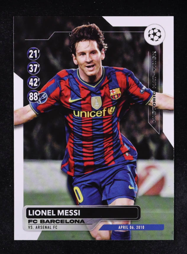 Lionel Messi 2023-24 Topps UEFA Club Competitions Historic Hat Tricks #HH10 at PristineAuction.com Lionel Messi 2023-24 Topps UEFA Club Competitions Historic Hat Tricks #HH10 at PristineAuction.com