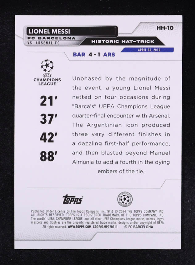 Lionel Messi 2023-24 Topps UEFA Club Competitions Historic Hat Tricks #HH10 at PristineAuction.com Lionel Messi 2023-24 Topps UEFA Club Competitions Historic Hat Tricks #HH10 at PristineAuction.com