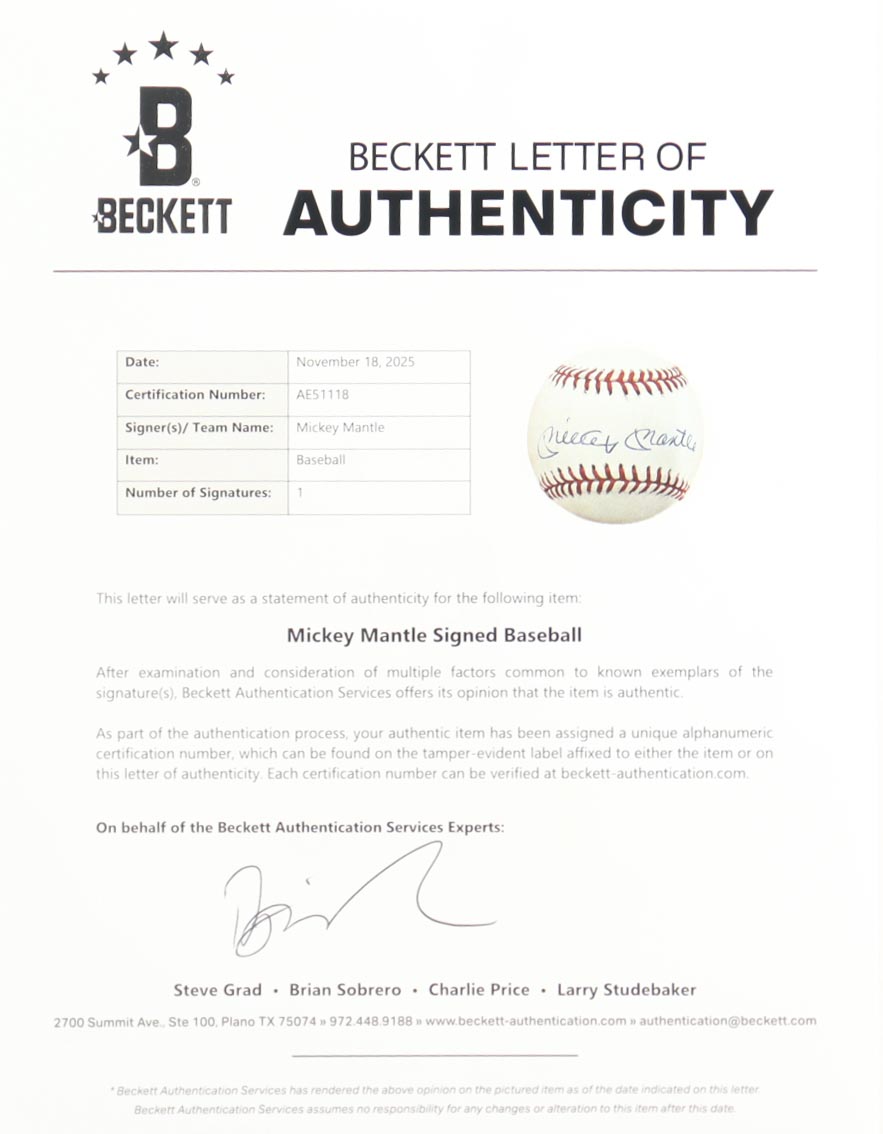 Mickey Mantle Signed OAL Baseball (Beckett) at PristineAuction.com Mickey Mantle Signed OAL Baseball (Beckett) at PristineAuction.com
