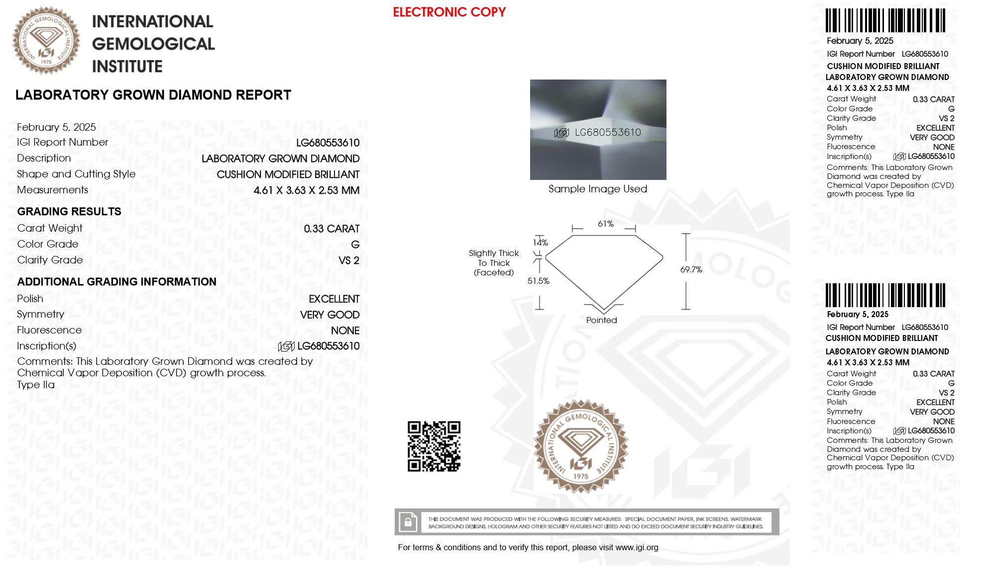 .33 Carats Lab Grown Diamond Loose G, VS2 (IGI Cert) at PristineAuction.com .33 Carats Lab Grown Diamond Loose G, VS2 (IGI Cert) at PristineAuction.com