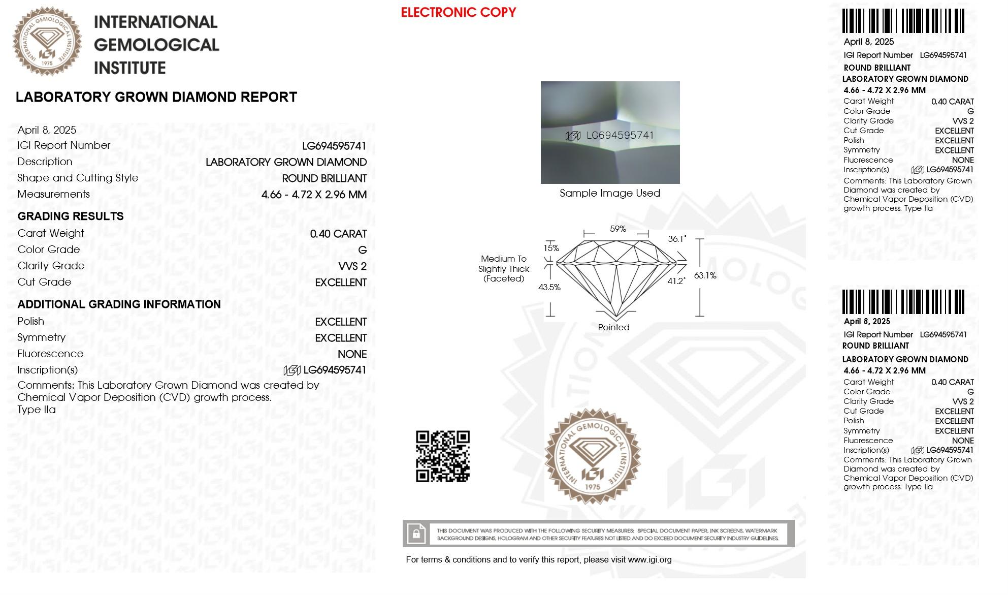 .40 Carats Lab Grown Diamond Loose G, VVS2 (IGI Cert) at PristineAuction.com .40 Carats Lab Grown Diamond Loose G, VVS2 (IGI Cert) at PristineAuction.com