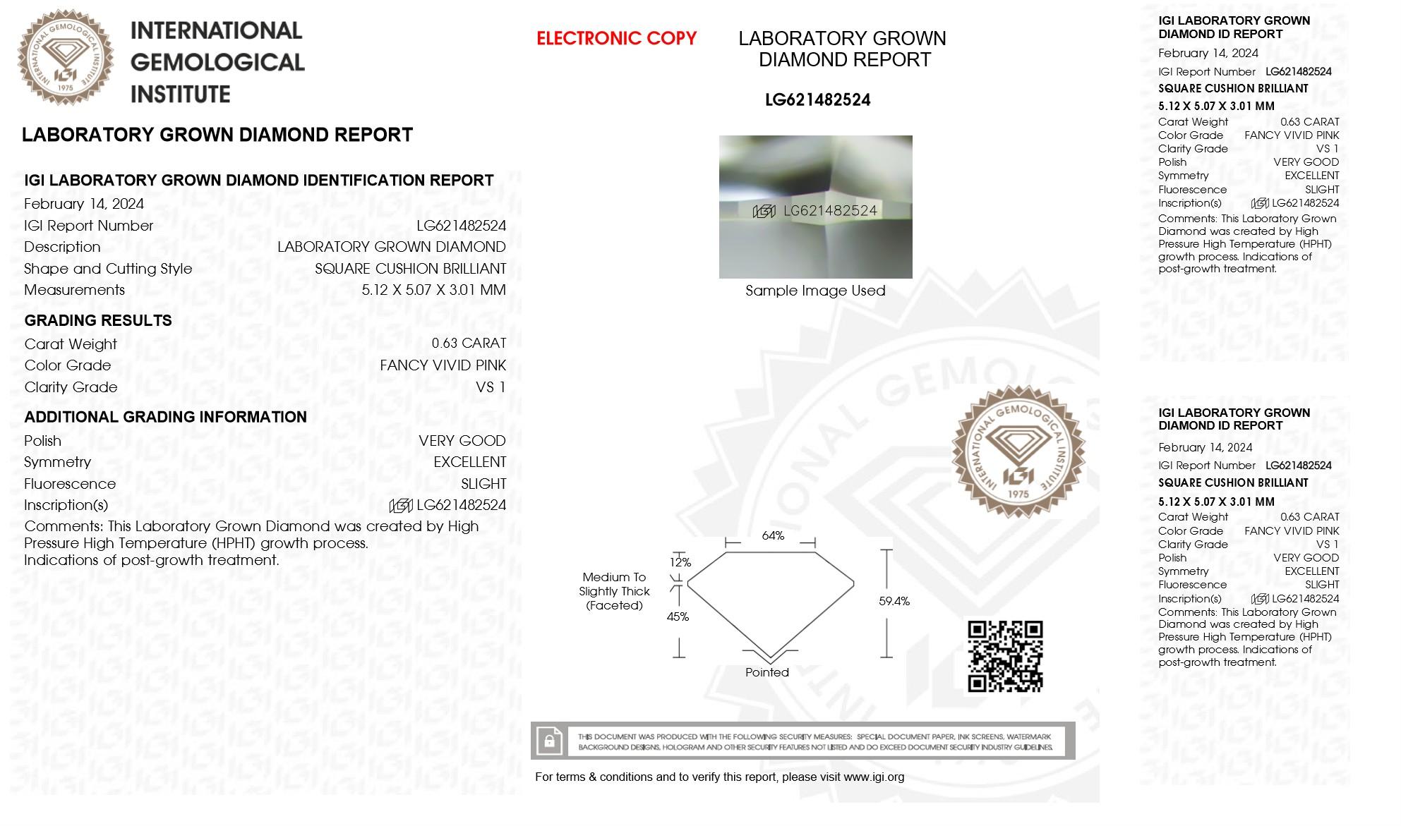 .63 Carats Pink Lab Grown Diamond Loose VS1 (IGI Cert) at PristineAuction.com .63 Carats Pink Lab Grown Diamond Loose VS1 (IGI Cert) at PristineAuction.com
