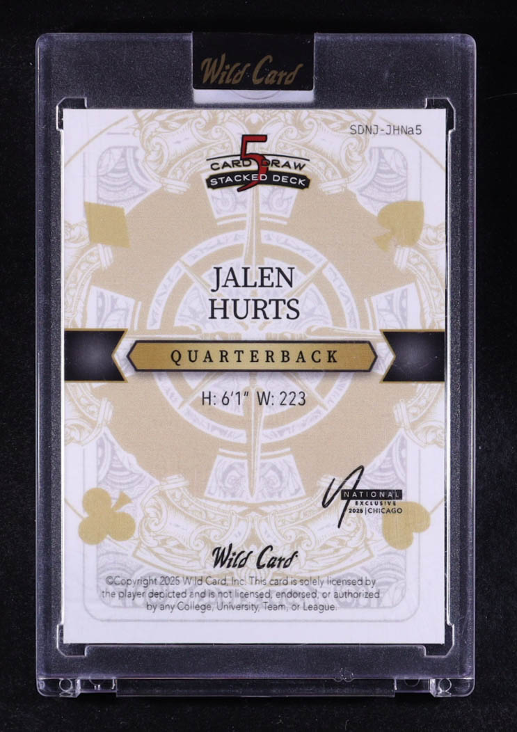 Jalen Hurts 2025 Wild Card 5 Card Draw Stacked Deck National Exclusive Joker Blue Raywave #SDNJJHNA5 #1/1 at PristineAuction.com Jalen Hurts 2025 Wild Card 5 Card Draw Stacked Deck National Exclusive Joker Blue Raywave #SDNJJHNA5 #1/1 at PristineAuction.com
