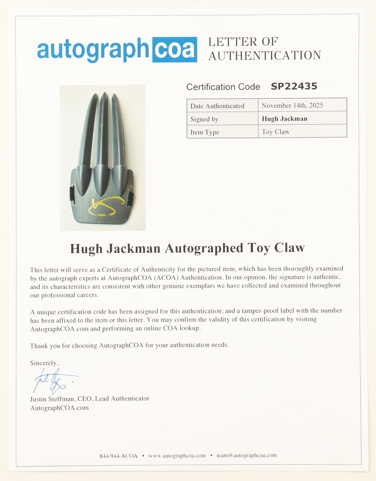 Hugh Jackman Signed "Wolverine" Replica Claws (AutographCOA) at PristineAuction.com Hugh Jackman Signed "Wolverine" Replica Claws (AutographCOA) at PristineAuction.com