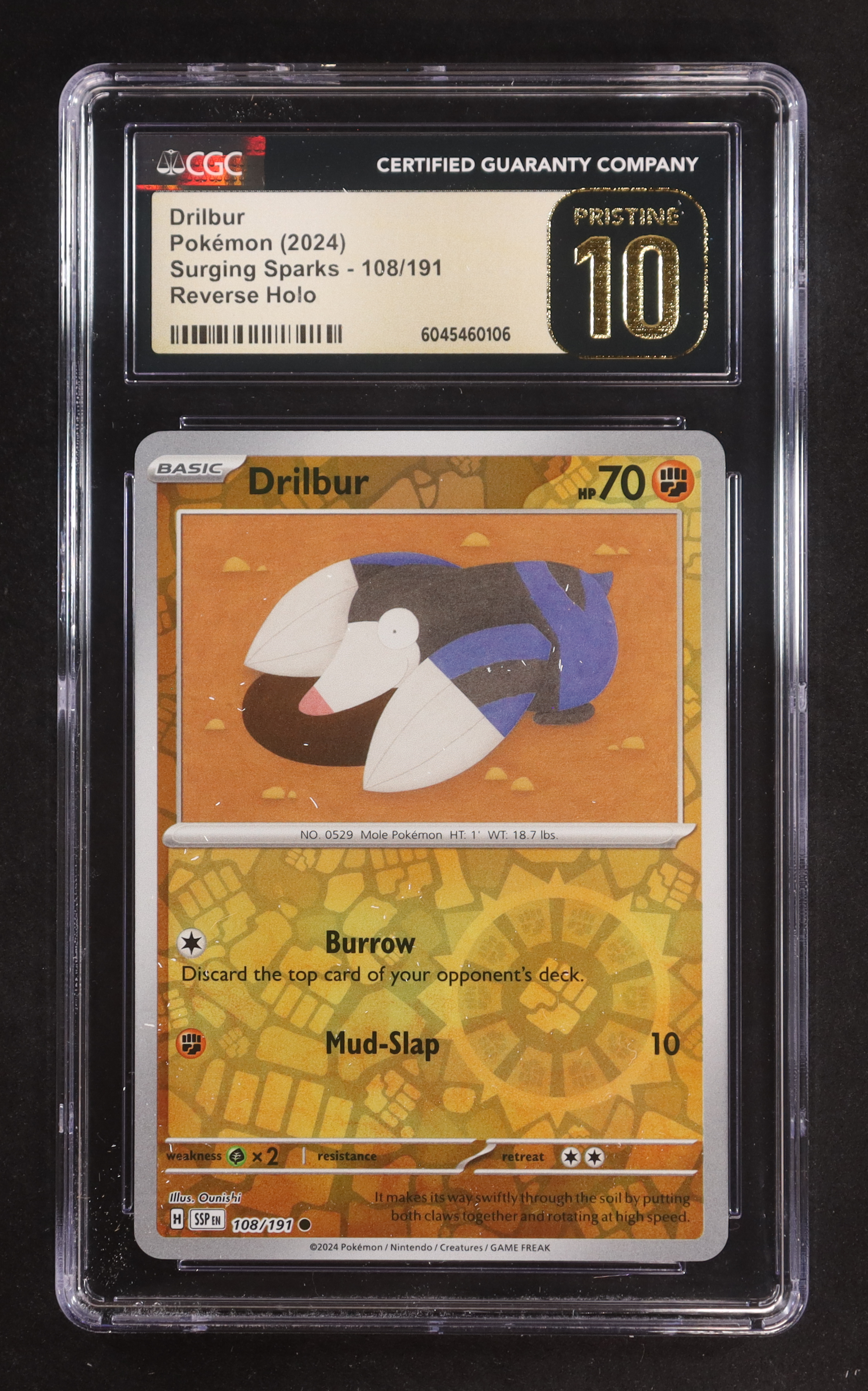 Drilbur 2024 Pokemon TCG Scarlet & Violet Surging Sparks #108 REVERSE HOLO (CGC Pristine 10) at PristineAuction.com Drilbur 2024 Pokemon TCG Scarlet & Violet Surging Sparks #108 REVERSE HOLO (CGC Pristine 10) at PristineAuction.com