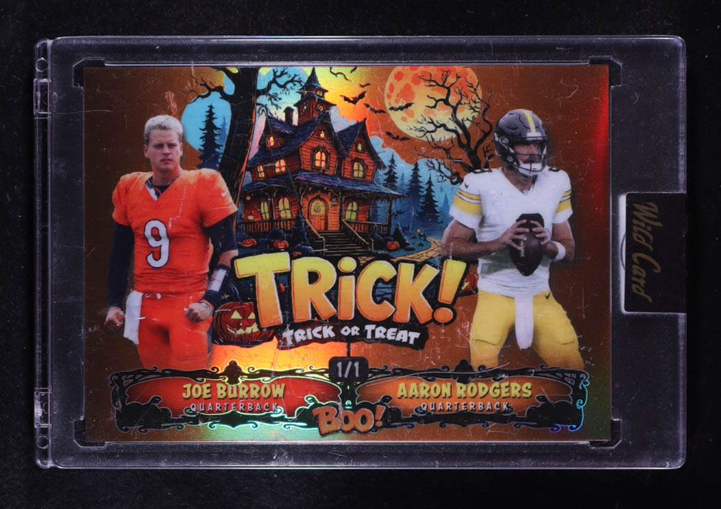 Joe Burrow / Aaron Rodgers 2025 Wild Card Haunted Hits Monster Hunt Boo! Trick or Treat Prismatic Orange #HHBOOJBAR #1/1 at PristineAuction.com Joe Burrow / Aaron Rodgers 2025 Wild Card Haunted Hits Monster Hunt Boo! Trick or Treat Prismatic Orange #HHBOOJBAR #1/1 at PristineAuction.com