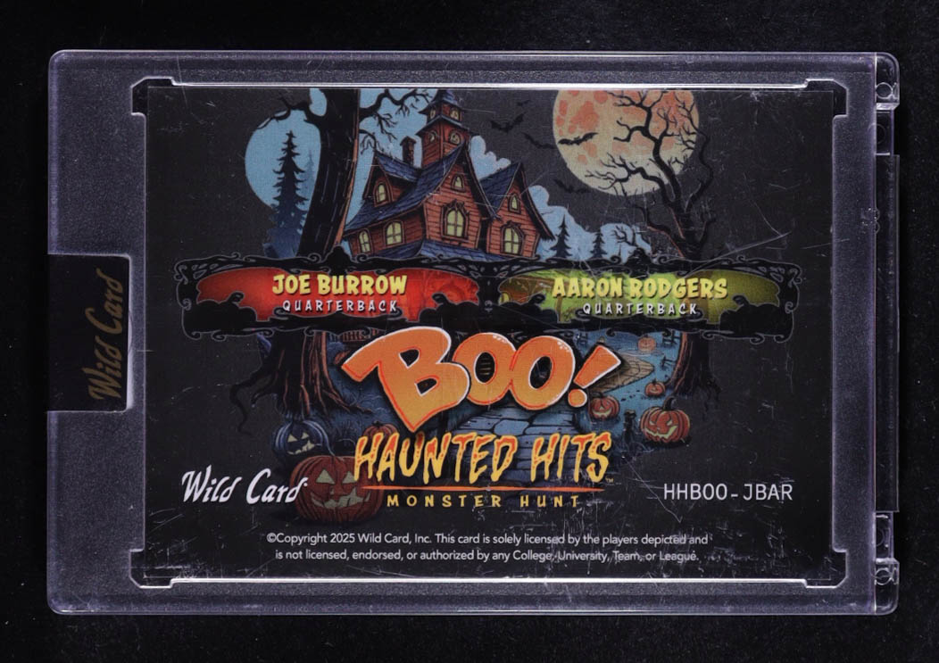 Joe Burrow / Aaron Rodgers 2025 Wild Card Haunted Hits Monster Hunt Boo! Trick or Treat Prismatic Orange #HHBOOJBAR #1/1 at PristineAuction.com Joe Burrow / Aaron Rodgers 2025 Wild Card Haunted Hits Monster Hunt Boo! Trick or Treat Prismatic Orange #HHBOOJBAR #1/1 at PristineAuction.com