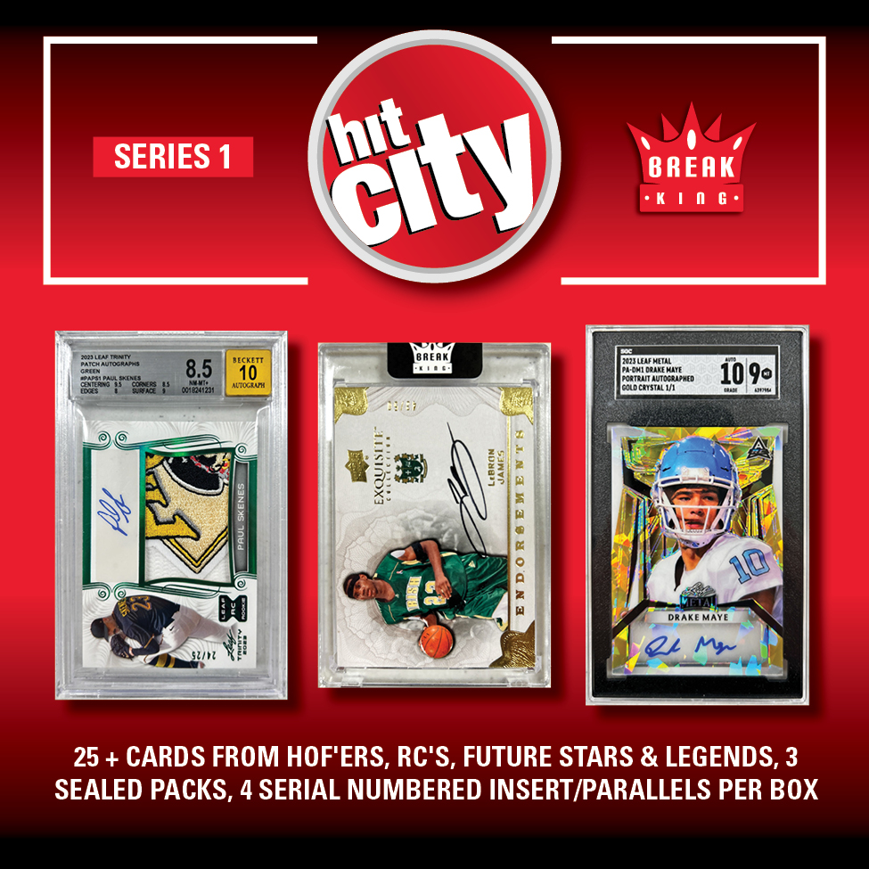 Break King "HIT CITY" Mystery Box Series 1 – (1) HIT PACK per box, 25+ HOF RC’S, 4 #’D Parallels & 3 SEALED PACKS!!!! at PristineAuction.com Break King "HIT CITY" Mystery Box Series 1 – (1) HIT PACK per box, 25+ HOF RC’S, 4 #’D Parallels & 3 SEALED PACKS!!!! at PristineAuction.com