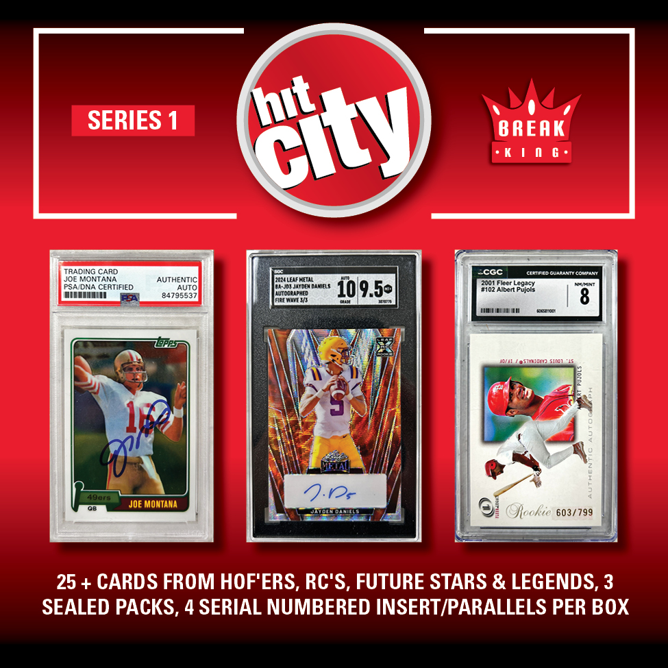 Break King "HIT CITY" Mystery Box Series 1 – (1) HIT PACK per box, 25+ HOF RC’S, 4 #’D Parallels & 3 SEALED PACKS!!!! at PristineAuction.com Break King "HIT CITY" Mystery Box Series 1 – (1) HIT PACK per box, 25+ HOF RC’S, 4 #’D Parallels & 3 SEALED PACKS!!!! at PristineAuction.com