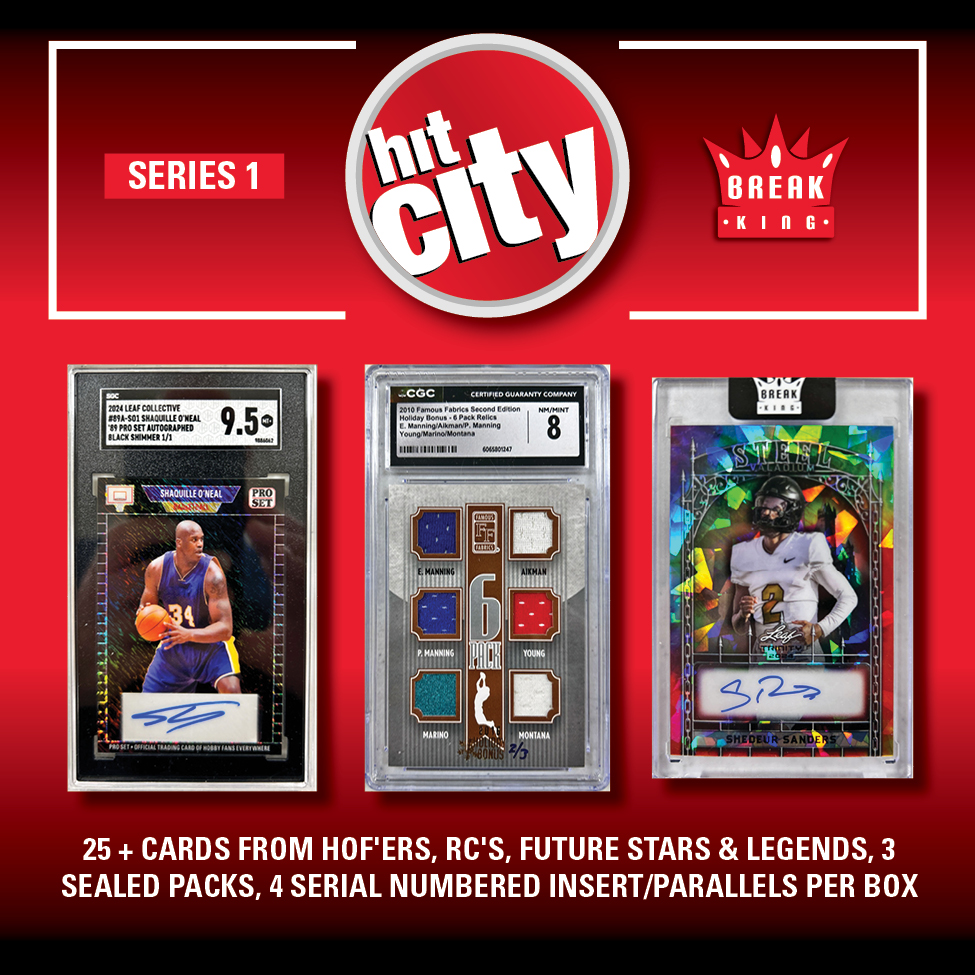 Break King "HIT CITY" Mystery Box Series 1 – (1) HIT PACK per box, 25+ HOF RC’S, 4 #’D Parallels & 3 SEALED PACKS!!!! at PristineAuction.com Break King "HIT CITY" Mystery Box Series 1 – (1) HIT PACK per box, 25+ HOF RC’S, 4 #’D Parallels & 3 SEALED PACKS!!!! at PristineAuction.com