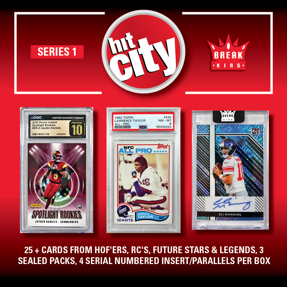Break King "HIT CITY" Mystery Box Series 1 – (1) HIT PACK per box, 25+ HOF RC’S, 4 #’D Parallels & 3 SEALED PACKS!!!! at PristineAuction.com Break King "HIT CITY" Mystery Box Series 1 – (1) HIT PACK per box, 25+ HOF RC’S, 4 #’D Parallels & 3 SEALED PACKS!!!! at PristineAuction.com