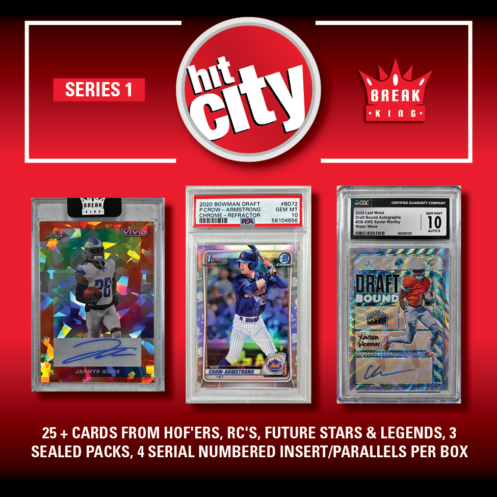 Break King "HIT CITY" Mystery Box Series 1 – (1) HIT PACK per box, 25+ HOF RC’S, 4 #’D Parallels & 3 SEALED PACKS!!!! at PristineAuction.com Break King "HIT CITY" Mystery Box Series 1 – (1) HIT PACK per box, 25+ HOF RC’S, 4 #’D Parallels & 3 SEALED PACKS!!!! at PristineAuction.com