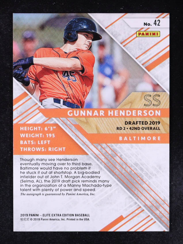 Gunnar Henderson 2019 Elite Extra Edition Autographs #42 RC at PristineAuction.com Gunnar Henderson 2019 Elite Extra Edition Autographs #42 RC at PristineAuction.com