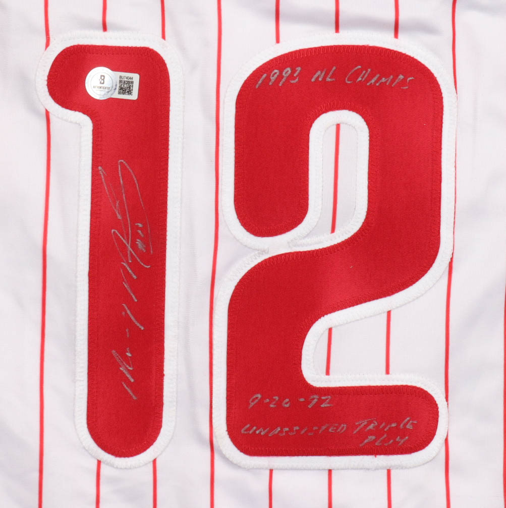 Mickey Morandini Signed Jersey Inscribed "1993 NL Champs" & "9-20-92 Unassisted Triple Play" (Beckett) at PristineAuction.com Mickey Morandini Signed Jersey Inscribed "1993 NL Champs" & "9-20-92 Unassisted Triple Play" (Beckett) at PristineAuction.com