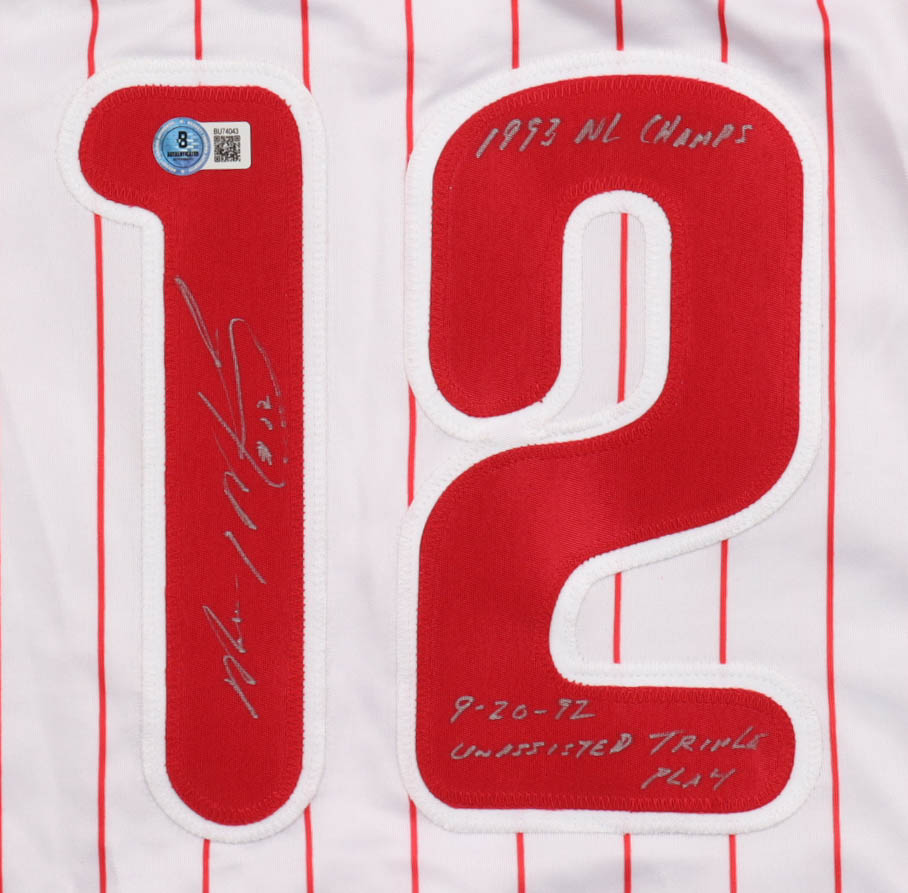 Mickey Morandini Signed Jersey Inscribed "1993 NL Champs" & "9-20-92 Unassisted Triple Play" (Beckett) at PristineAuction.com Mickey Morandini Signed Jersey Inscribed "1993 NL Champs" & "9-20-92 Unassisted Triple Play" (Beckett) at PristineAuction.com