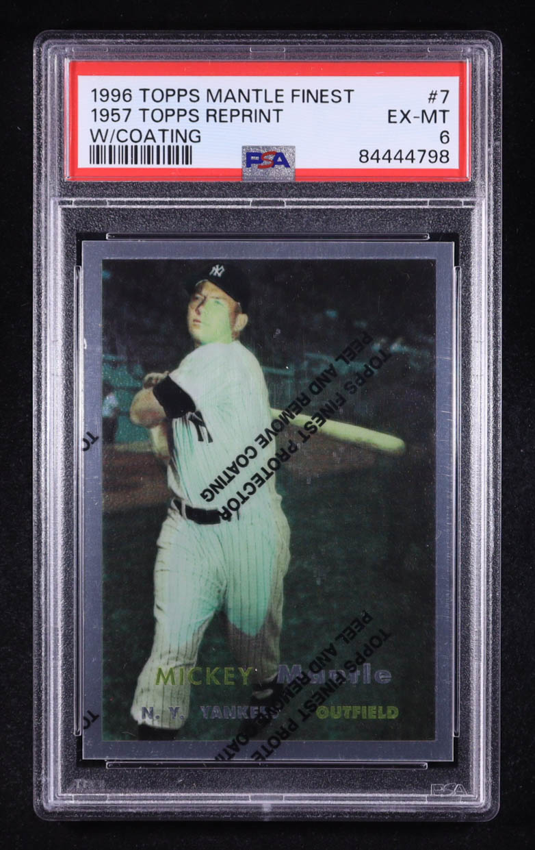 Mickey Mantle 1996 Topps Mantle Finest 1957 Topps Reprint W/Coating Refractor #7 (PSA 6) at PristineAuction.com Mickey Mantle 1996 Topps Mantle Finest 1957 Topps Reprint W/Coating Refractor #7 (PSA 6) at PristineAuction.com