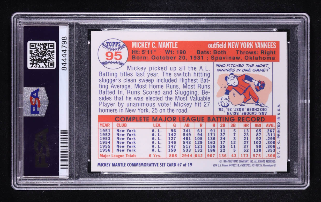 Mickey Mantle 1996 Topps Mantle Finest 1957 Topps Reprint W/Coating Refractor #7 (PSA 6) at PristineAuction.com Mickey Mantle 1996 Topps Mantle Finest 1957 Topps Reprint W/Coating Refractor #7 (PSA 6) at PristineAuction.com