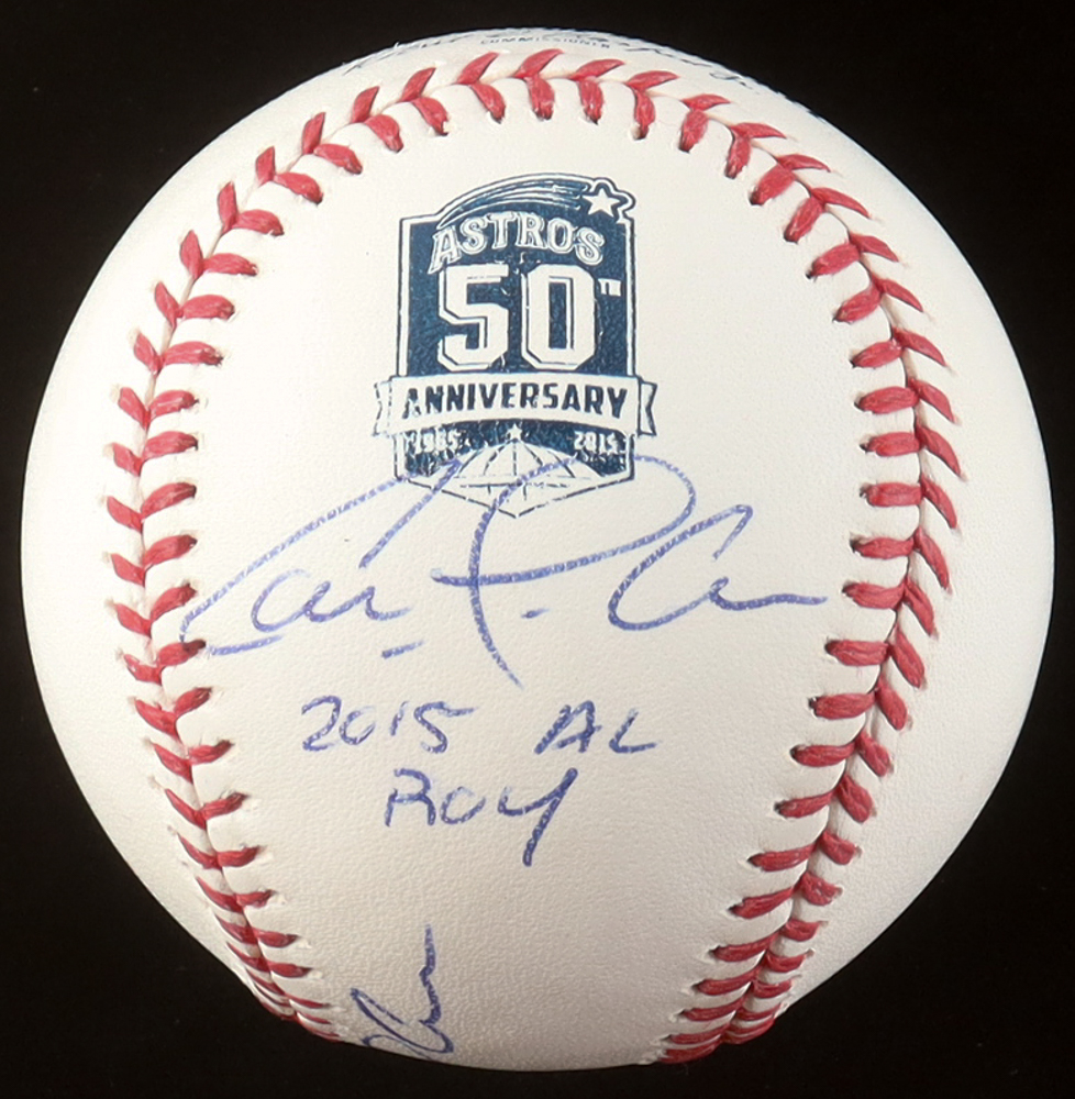 Carlos Correa Twice-Signed OML Astros 50th Anniversary Logo Baseball Inscribed "2015 AL ROY" (JSA) at PristineAuction.com Carlos Correa Twice-Signed OML Astros 50th Anniversary Logo Baseball Inscribed "2015 AL ROY" (JSA) at PristineAuction.com