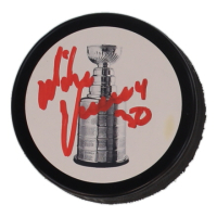 Mike Vernon Signed Stanley Cup Logo Hockey Puck (JSA) at PristineAuction.com