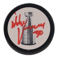 Mike Vernon Signed Stanley Cup Logo Hockey Puck (JSA) at PristineAuction.com