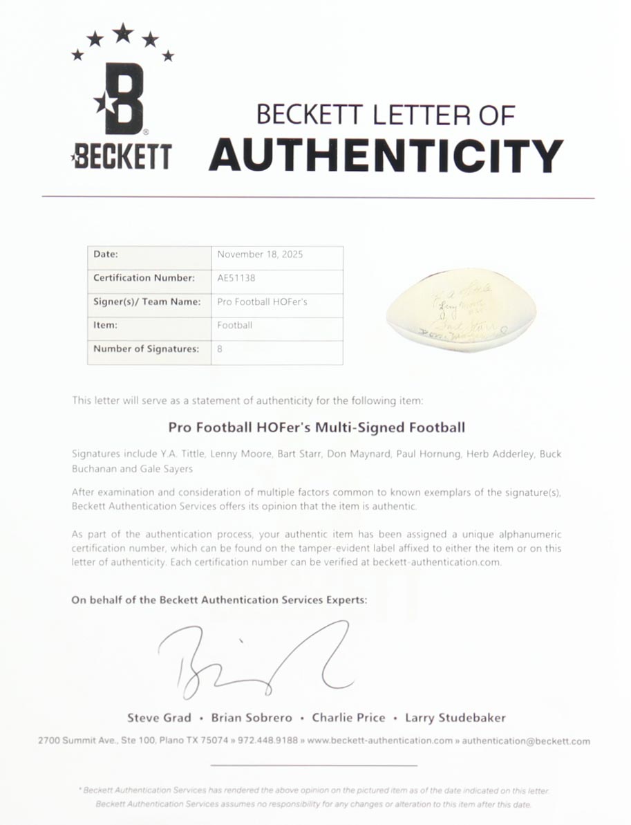 Hall Of Famers NFL Football Signed By (8) With Y.A. Tittle, Lenny Moore, Bart Starr, Paul Hornung (Beckett) at PristineAuction.com Hall Of Famers NFL Football Signed By (8) With Y.A. Tittle, Lenny Moore, Bart Starr, Paul Hornung (Beckett) at PristineAuction.com