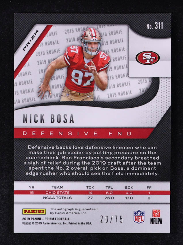 Nick Bosa 2019 Panini Prizm Rookie Autographs Prizms Green Scope #311 RC #20/75 at PristineAuction.com Nick Bosa 2019 Panini Prizm Rookie Autographs Prizms Green Scope #311 RC #20/75 at PristineAuction.com