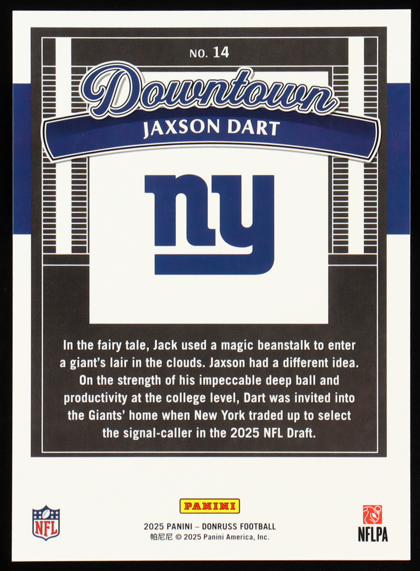 Jaxson Dart 2025 Donruss Downtown! Oversize #14 RC at PristineAuction.com Jaxson Dart 2025 Donruss Downtown! Oversize #14 RC at PristineAuction.com