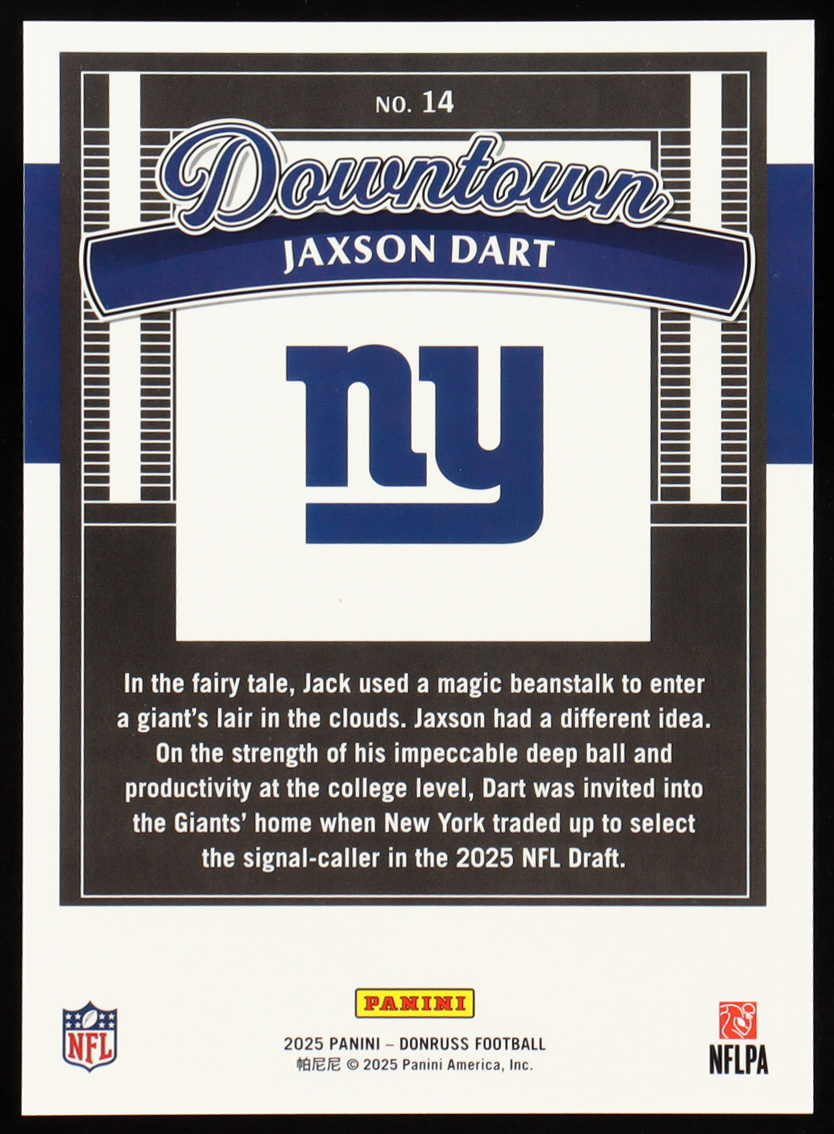 Jaxson Dart 2025 Donruss Downtown! Oversize #14 RC at PristineAuction.com Jaxson Dart 2025 Donruss Downtown! Oversize #14 RC at PristineAuction.com