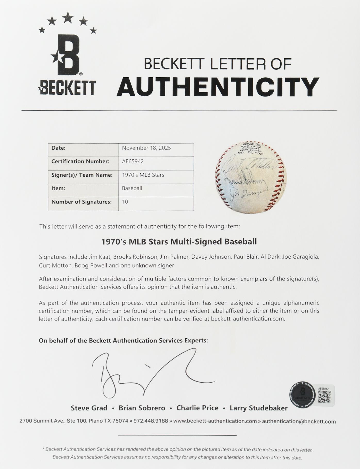 1970's MLB Stars Baseball Signed By (10) With Jim Kaat, Brooks Robinson, Jim Palmer, Boog Powell (Beckett) at PristineAuction.com 1970's MLB Stars Baseball Signed By (10) With Jim Kaat, Brooks Robinson, Jim Palmer, Boog Powell (Beckett) at PristineAuction.com