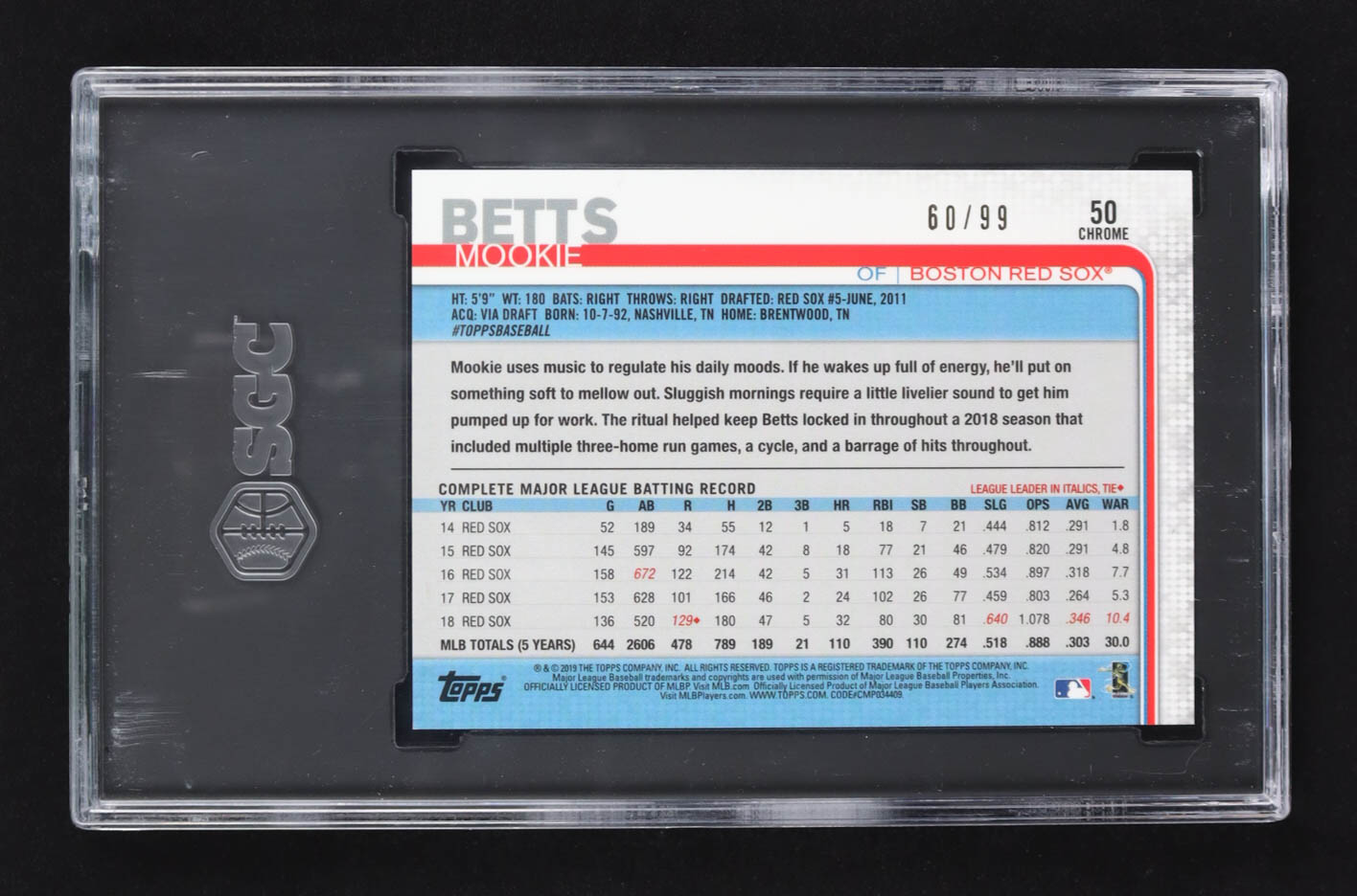 Mookie Betts 2019 Topps Chrome Green Refractor #50 #60/99 (SGC 10) at PristineAuction.com Mookie Betts 2019 Topps Chrome Green Refractor #50 #60/99 (SGC 10) at PristineAuction.com