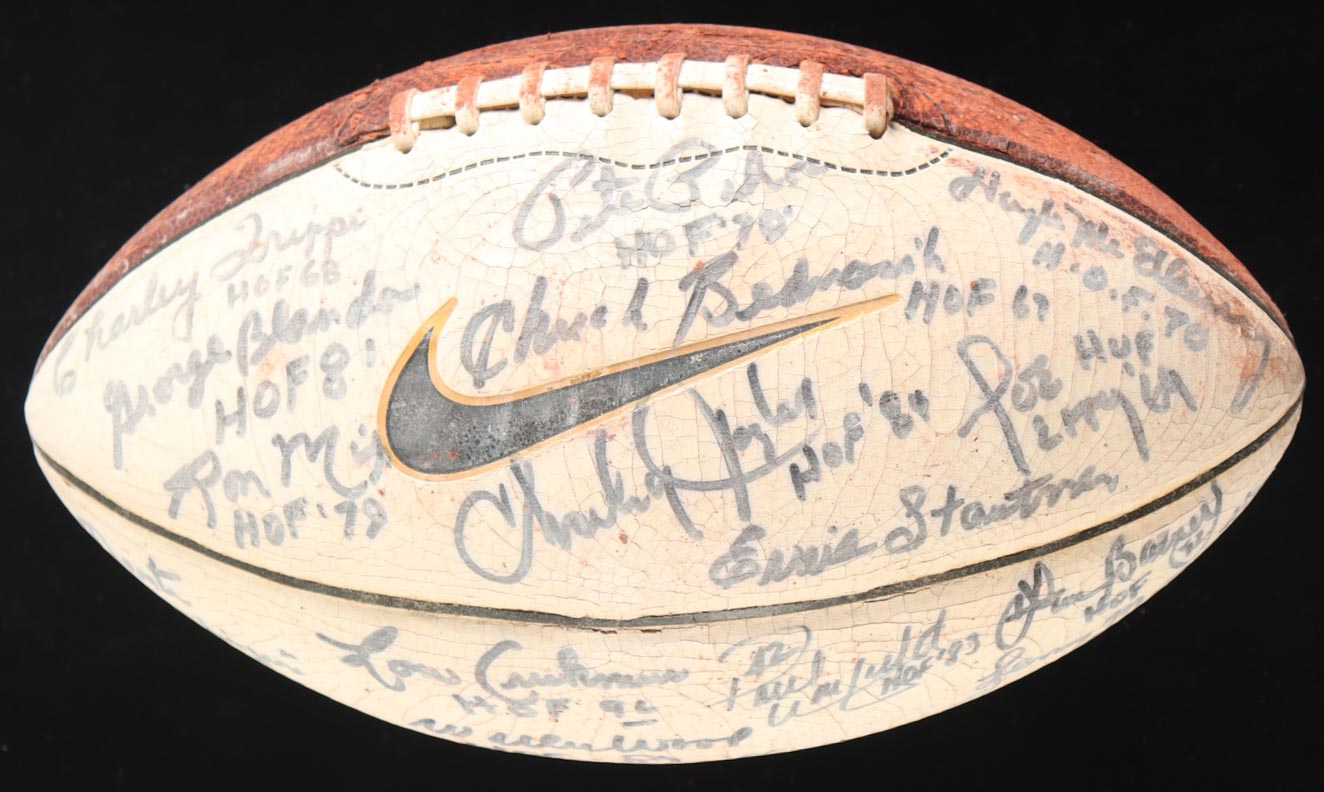 NFL Hall Of Famers Football Signed By (28) With Chuck Bednarik, George Blanda, Paul Warfield, Lenny Moore With Multiple Inscriptions (Beckett) at PristineAuction.com NFL Hall Of Famers Football Signed By (28) With Chuck Bednarik, George Blanda, Paul Warfield, Lenny Moore With Multiple Inscriptions (Beckett) at PristineAuction.com